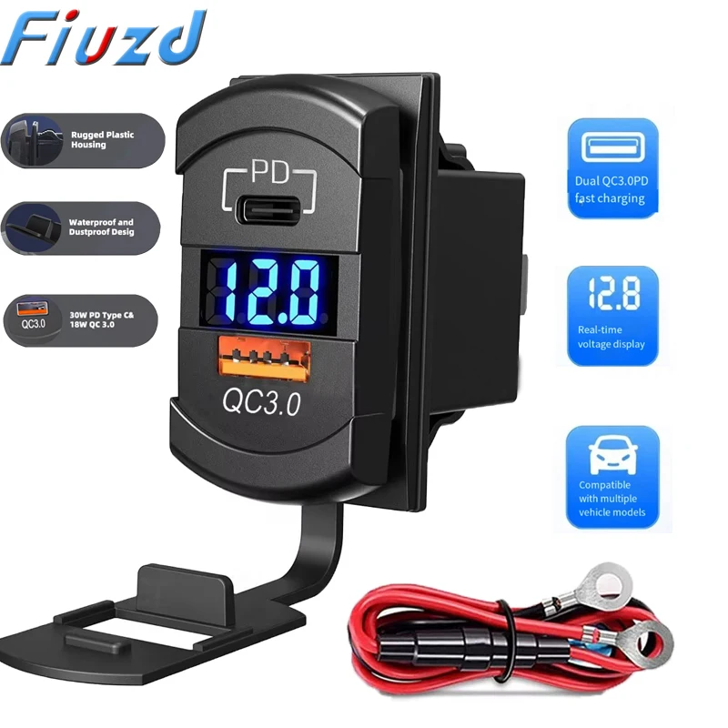 12V USB Rocker Switch Insert Type 36W USB A PD Outlet Socket w/ LED Voltage Display 18W QC3.0 Charger for Cars Truck Van Boat RV