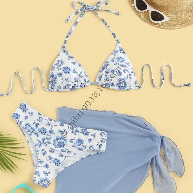 Phụ nữ mặc đồ bơi mảnh với váy che phủ bãi biển phụ nữ in đồ bơi mảnh Halterteck thong Suit .A5KC