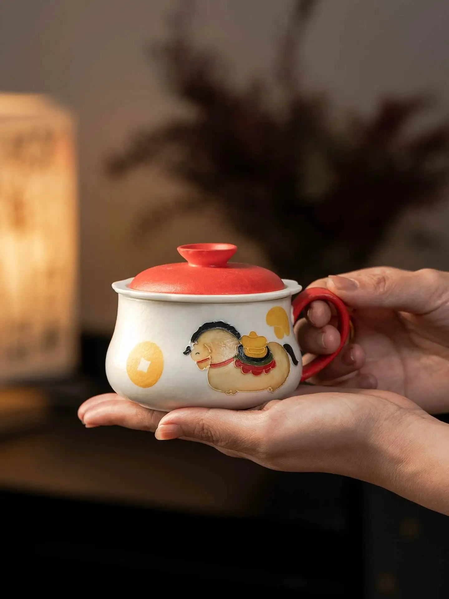 New Year Of The Horse Original White Mineral Stone Creative Chinese-Style Ceramic For Office And Home Use, Handmade Water Cup,