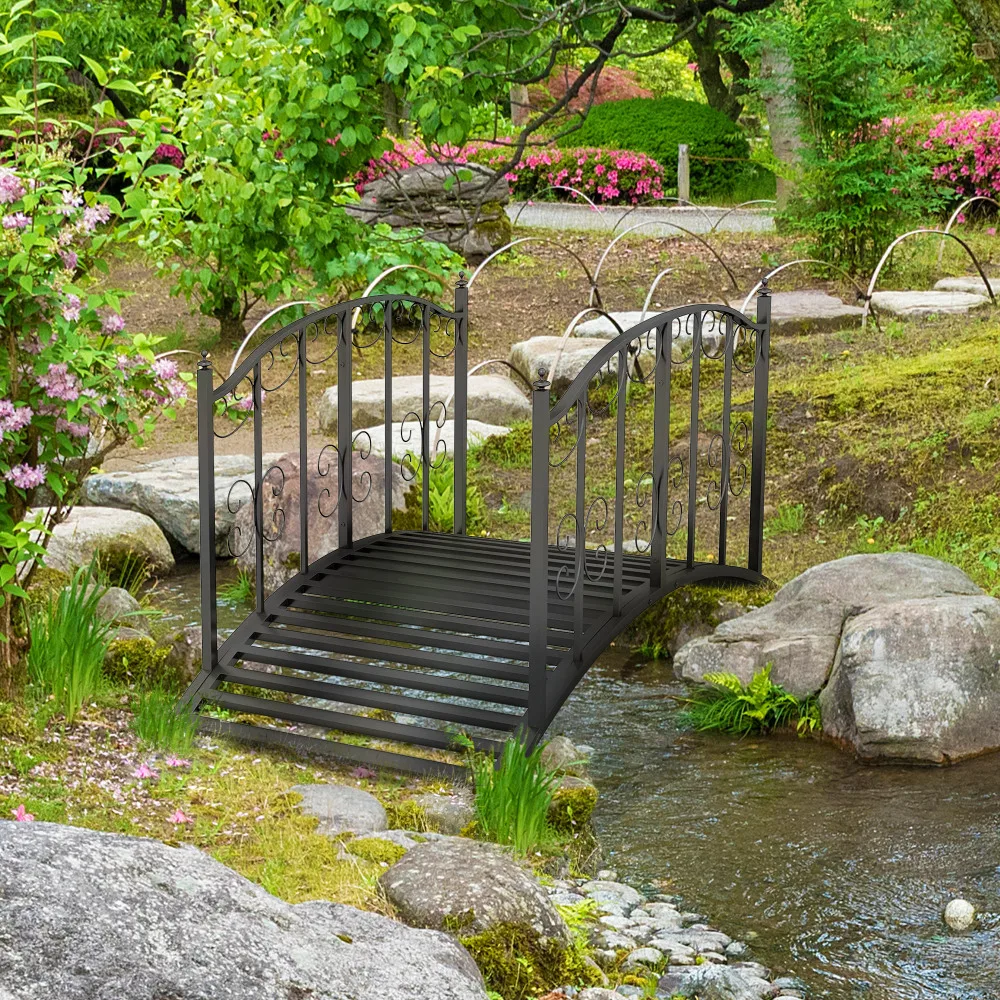 Pont de jardin en acier avec balustrade et motif floral, 1,19 m de long, charge maximale 120 kg, noir
