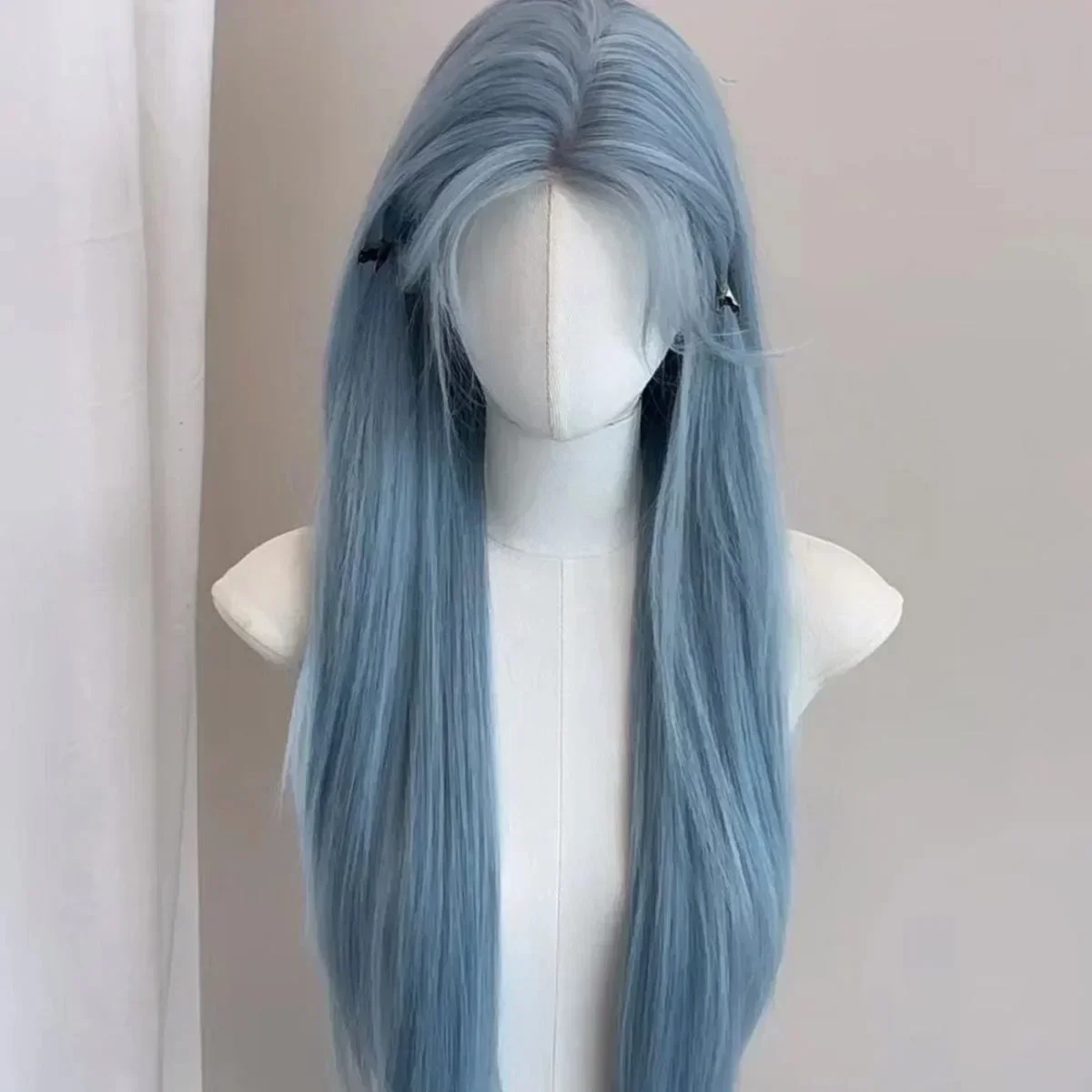 Rambut palsu dahi biru gletser renda Wig biru saturasi rendah rambut palsu panjang kepala penuh wanita musim panas ringan