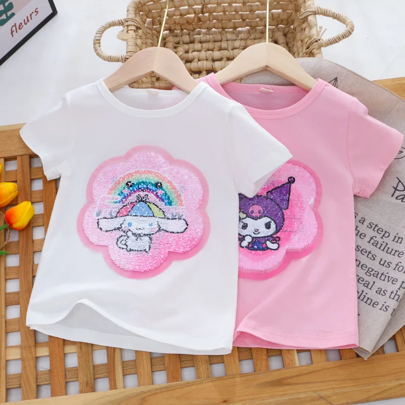 2024 Summer Fashion Girls T Shirt Color Changing Short Sleeved Top Cartoon Baby Versatile Western Pure Cotton Children Clothing