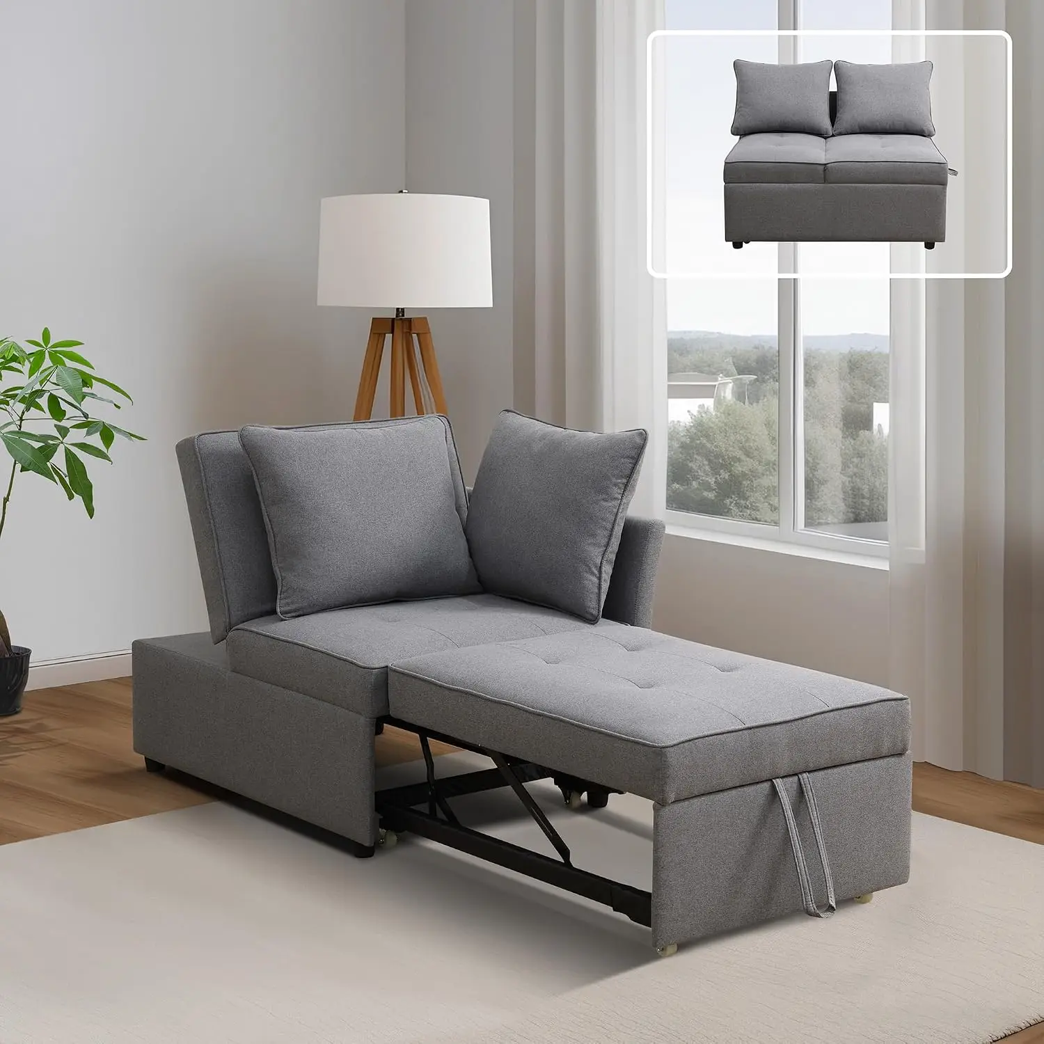 4-in-1 Convertible Sleeper Sofa, Ottoman Couch Bed, Modern Sackcloth Futon Sofa Bed with Adjustable Backrest & 2 Pillows, Folding Recliner Loveseat for Apartment, Dorm, Office, Living Room, Grey