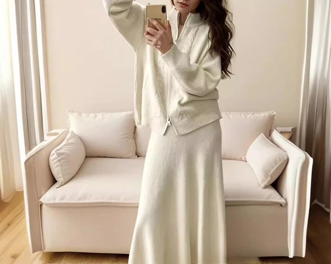 

Hot Sale Loose Knit Suit Women's 2025 Autumn and Winter New Zipper Cardigan Sweater Mermaid Skirt