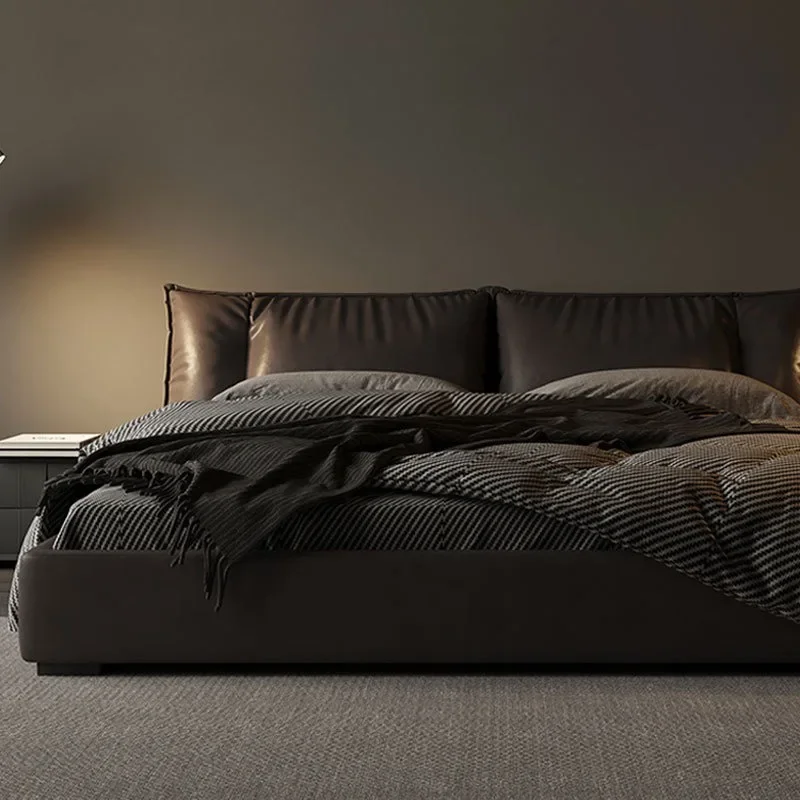 Italian minimalist leather   first layer cowhide tatami  master bedroom down soft bag  2 * 2 meters double bed