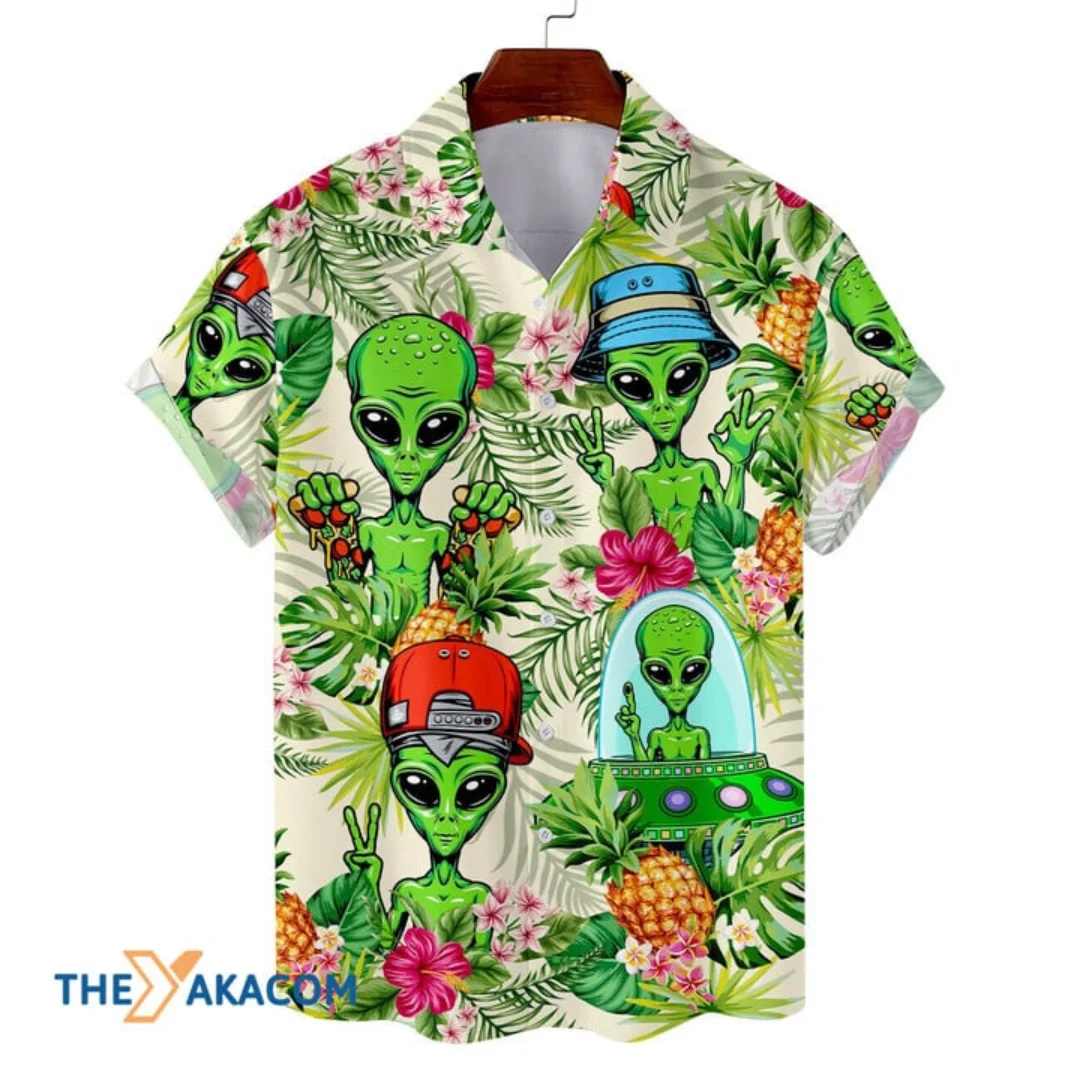 Tropical Alien Hawaiian Shirt for Men Women, Tropical Summer Beach Aloha Button Down Short Sleeves