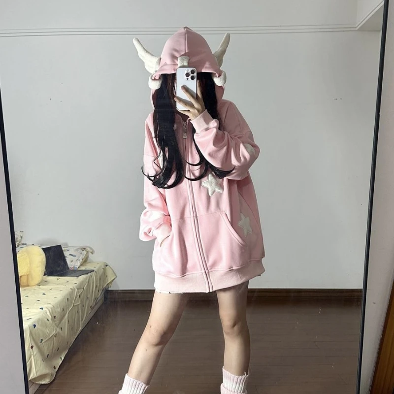 النمط الياباني الدوبامين لطيف نجمة الملاك الجناح المرأة أعلى الخريف والشتاء فضفاضة مقنعين المرأة هوديي نمط الحلو