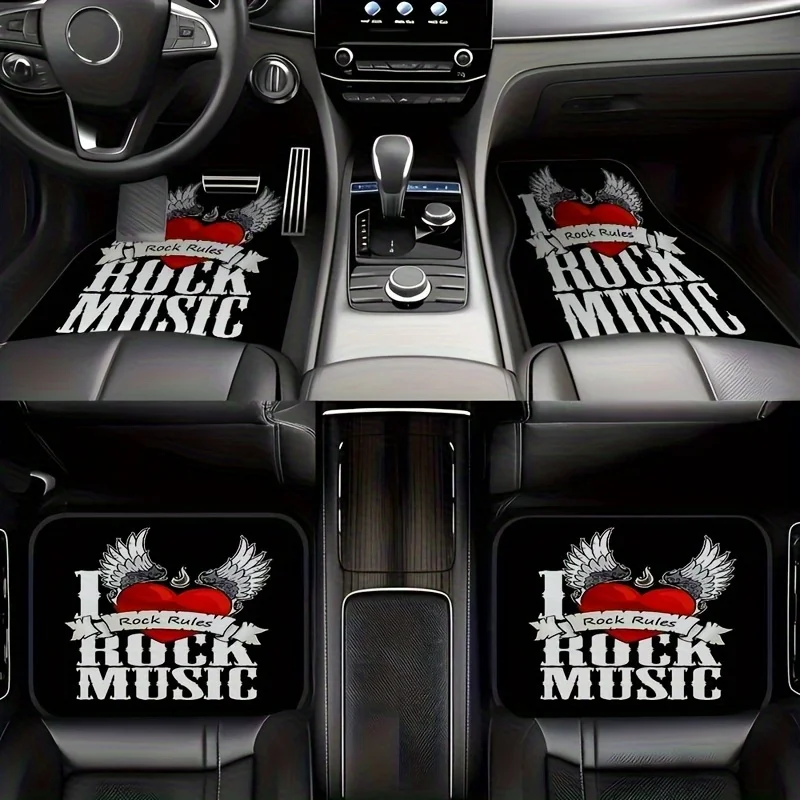 A Collection Of Four Car Floor Mats Showcasing A Rock Music Theme, Easy To Clean, Perfect For Both The Front And Rear Of The Veh