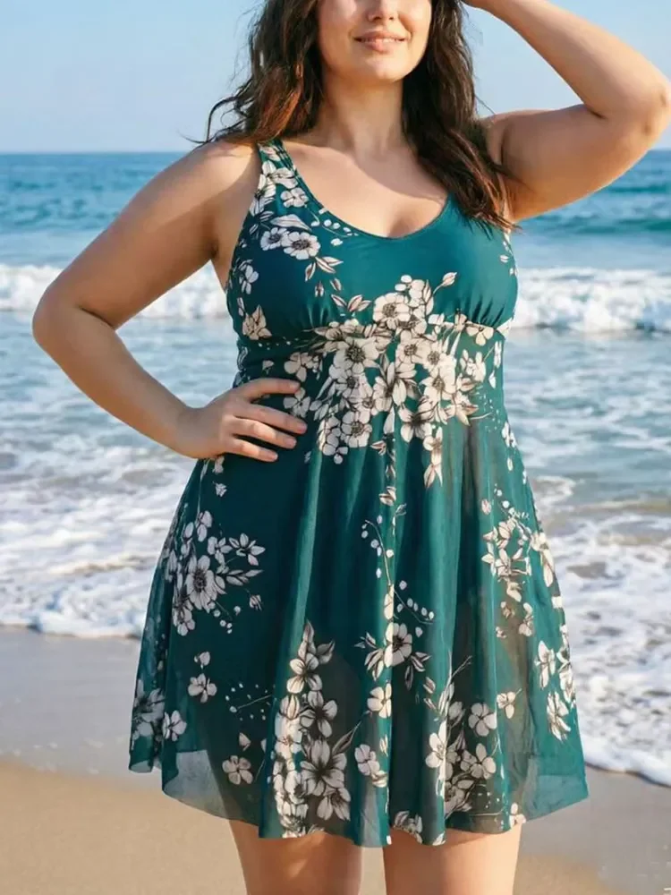 Large Plus Size 8XL Swim Dress One Piece Swimsuit Women Printed Swimwear Female Bathers Bathing Swimming Suit Beachwear