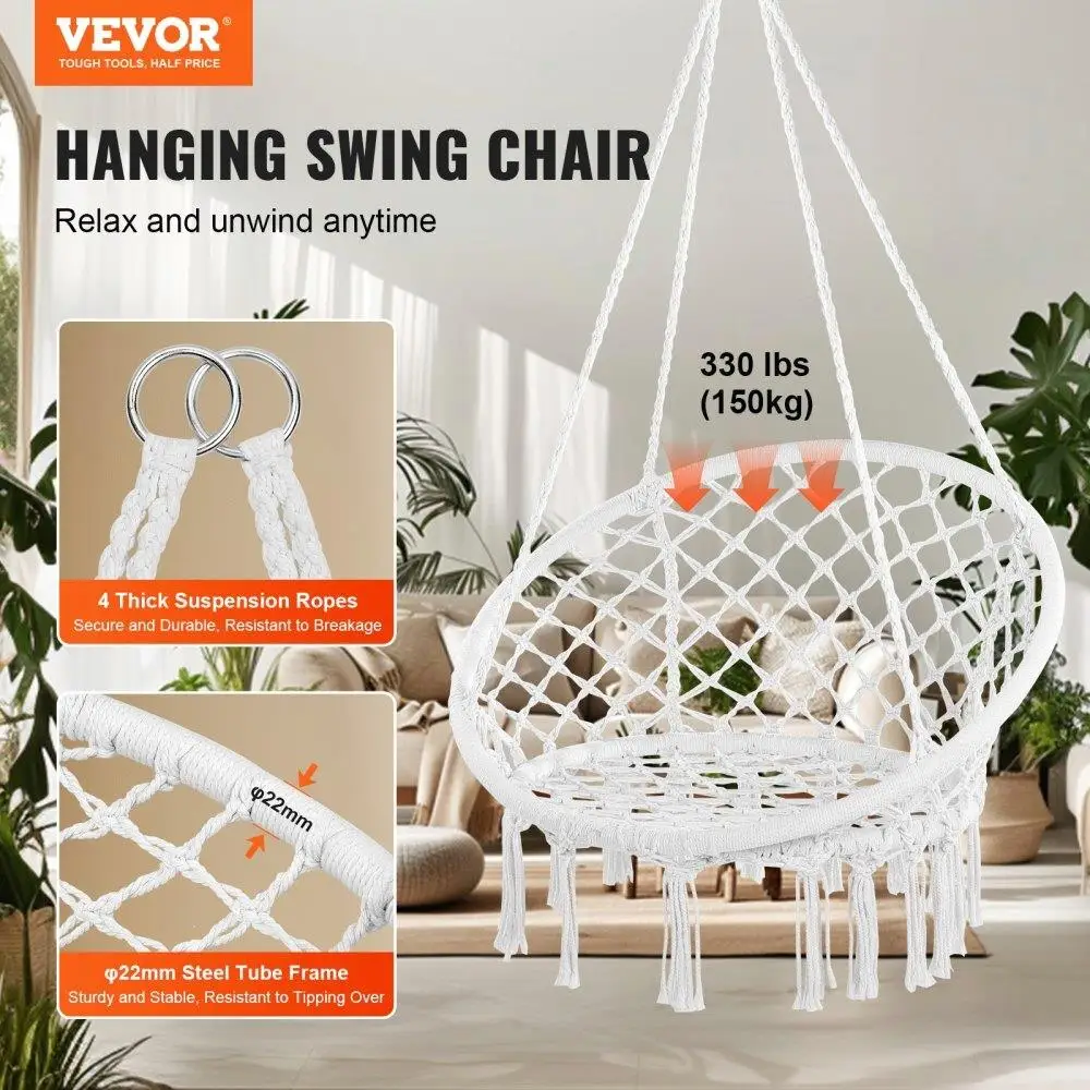 Macramé Hammock Swing Chair - Cozy for indoor & Outdoor Hanging Seat for Relaxation