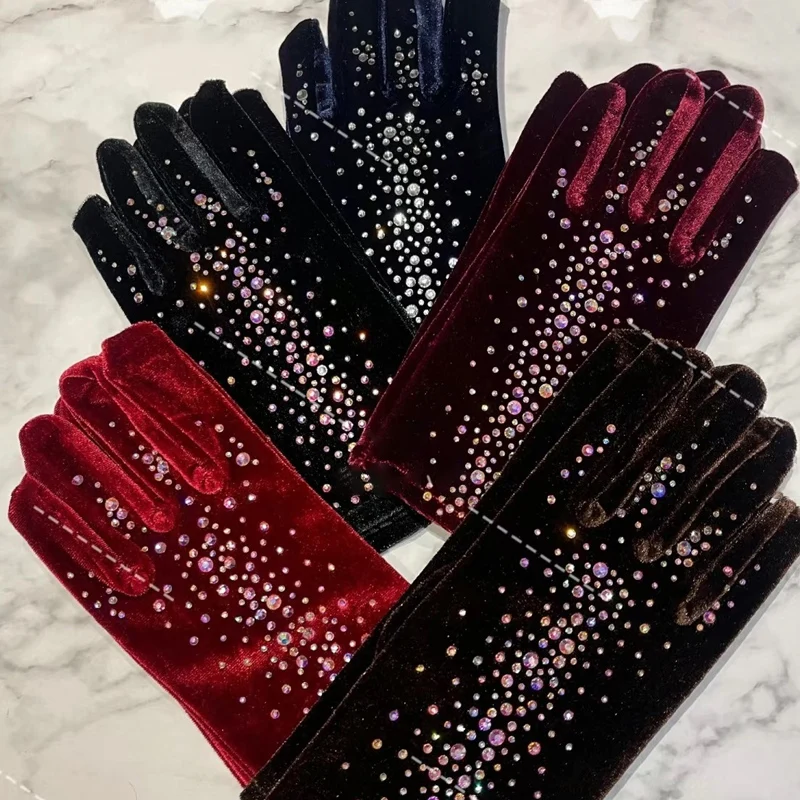 

Figure skating gloves velvet sparkling diamond gloves Adult women's gloves