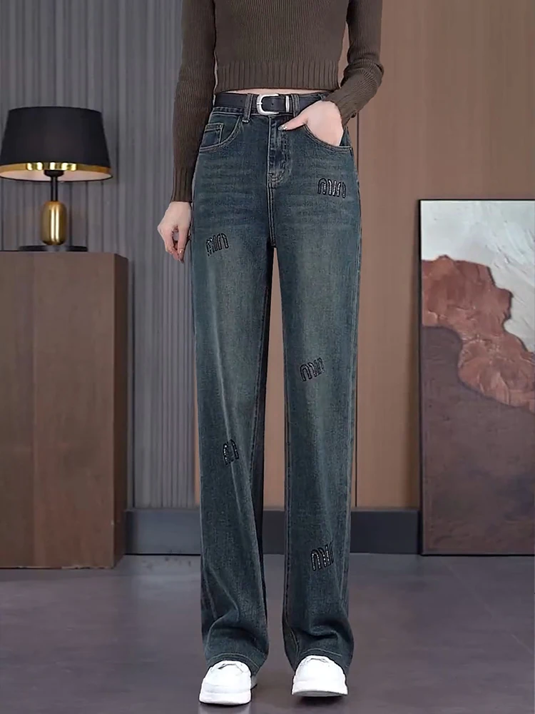 

High Waist Wide Leg Fleece Lined Casual Jeans Women's Autumn Winter New Style Slimming Vintage Cement Grey Straight Leg Pants