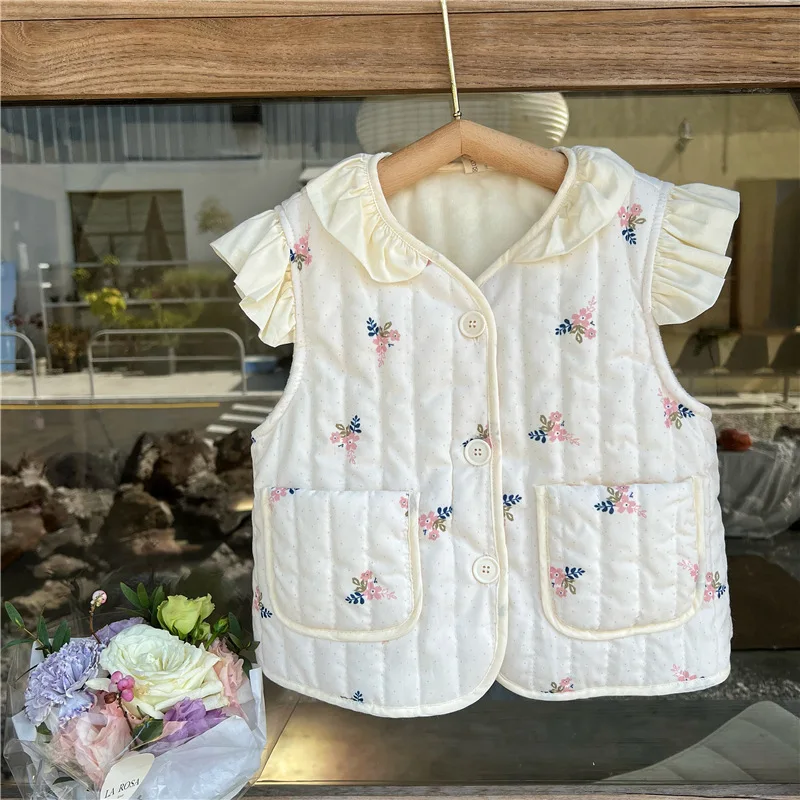 Korean Children's Clothing Girls Padded Vest Floral Embroidery Flying Sleeves Velvet Vest Warm Outer Vest