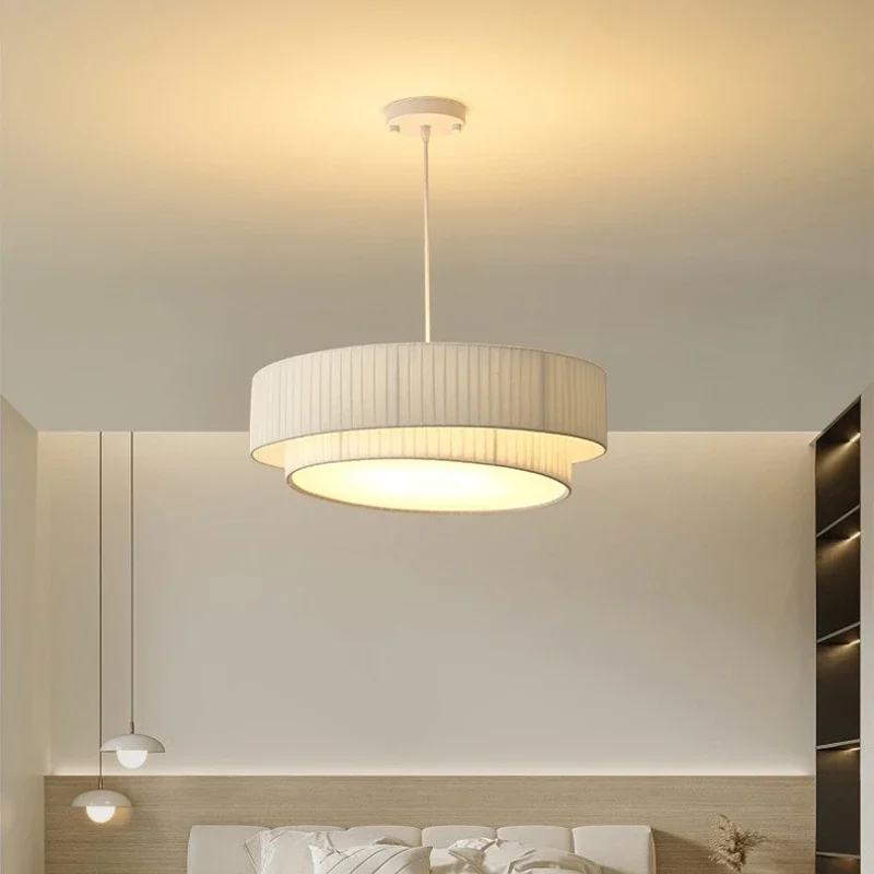 Modern Creamy Style E27 Chandelier Nordic Bedroom Pendant Lights Minimalism White Hanging Lamp Fabric Led Suspend Lamp Fixtures