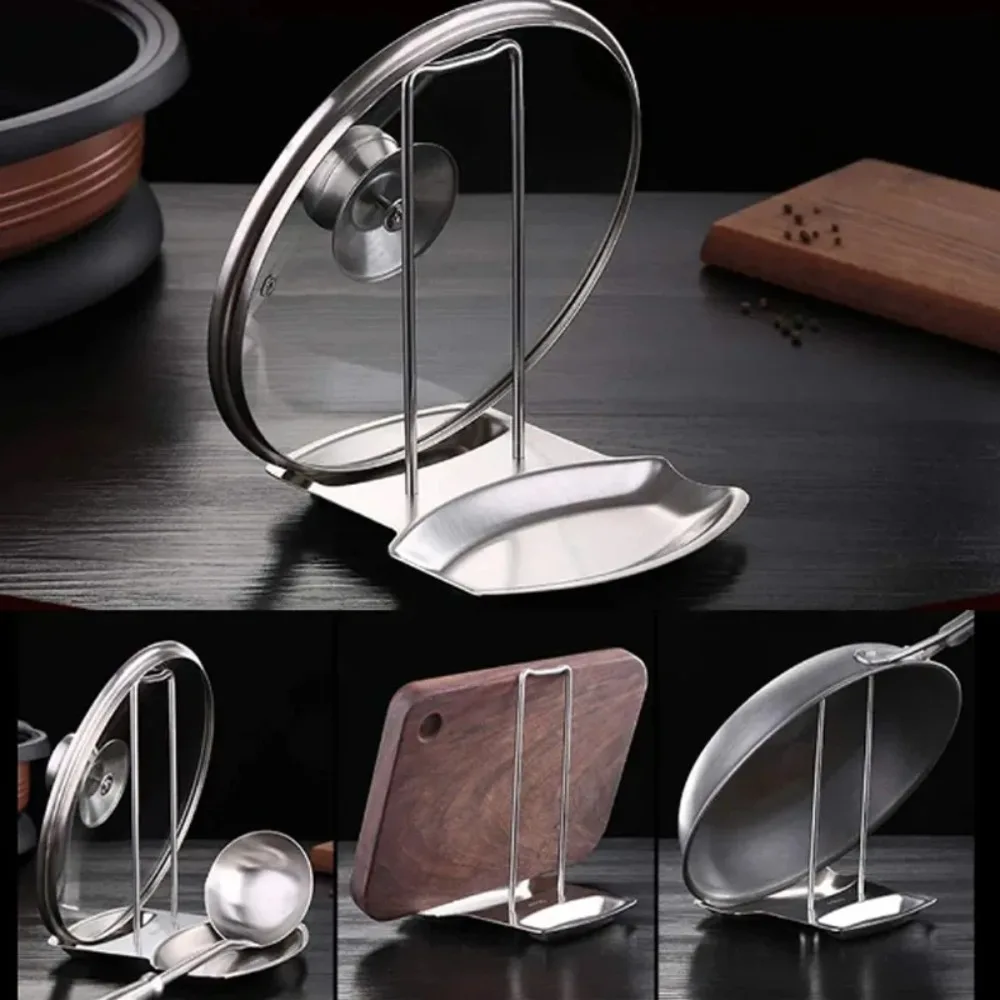 Stainless Steel Pan Pot Cover Stand Silver Color Soup Spoon Holder Drain Rack Stove Organizer Storage Kitchen Accessories image 5