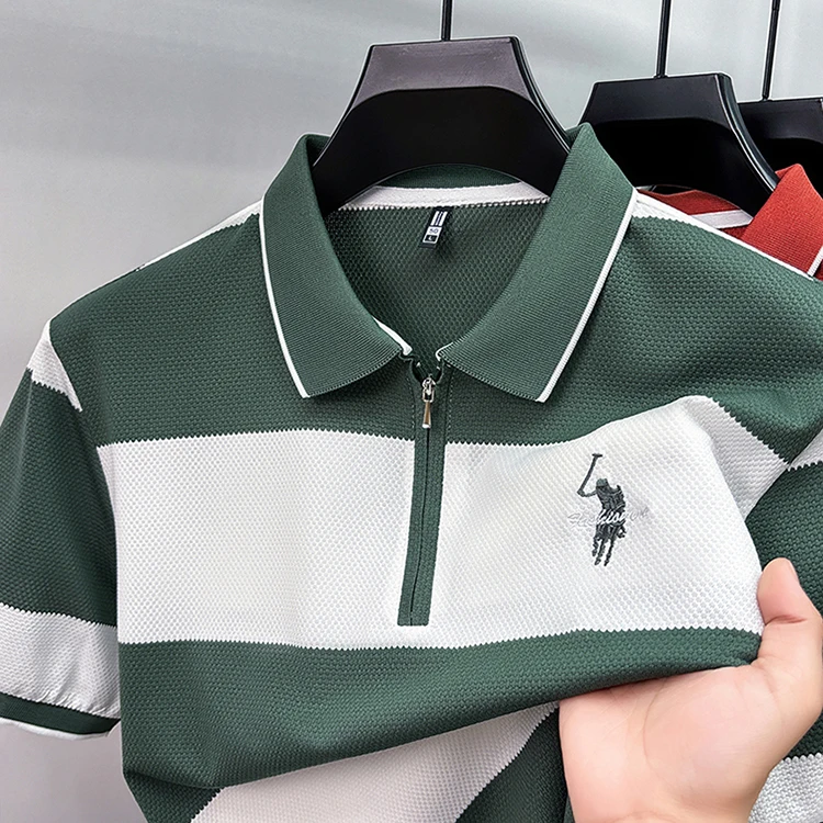 Modisches gestreiftes, farblich abgesetztes Kurzarm-Poloshirt für Herren High-End-Marke Pony-Stickerei Sommer, Golf, Freizeit, neues T-Shirt mit halbem Reißverschluss – Detail 12
