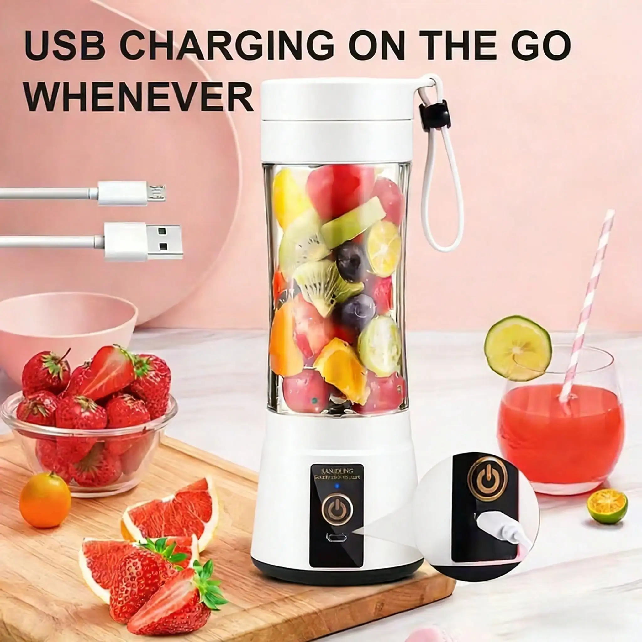 2 Colors Gorgeous Portable USB Charging Mini Blender and Juicer - 3 Modes, Digital Display, 12 Blades, 15 OZ, Easy to Clean, Sui