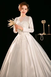 Customized Wedding Dresses Ball Gowns Plus Size Bride One Shoulder Satin Long-sleeved Embroidery Wedding Dress Vestidos De Novia