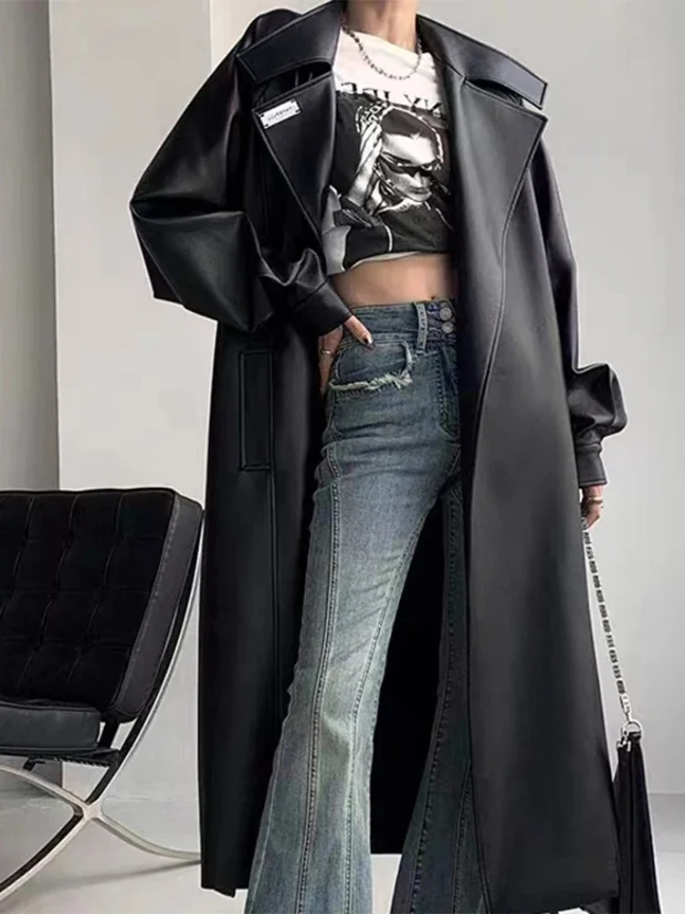 

Elegant Autumn Long Leather Coat For Women Casual Lace Up Long Sleeve Female PU Jacket 2024 New Locomotive Lady Tops Streetwear