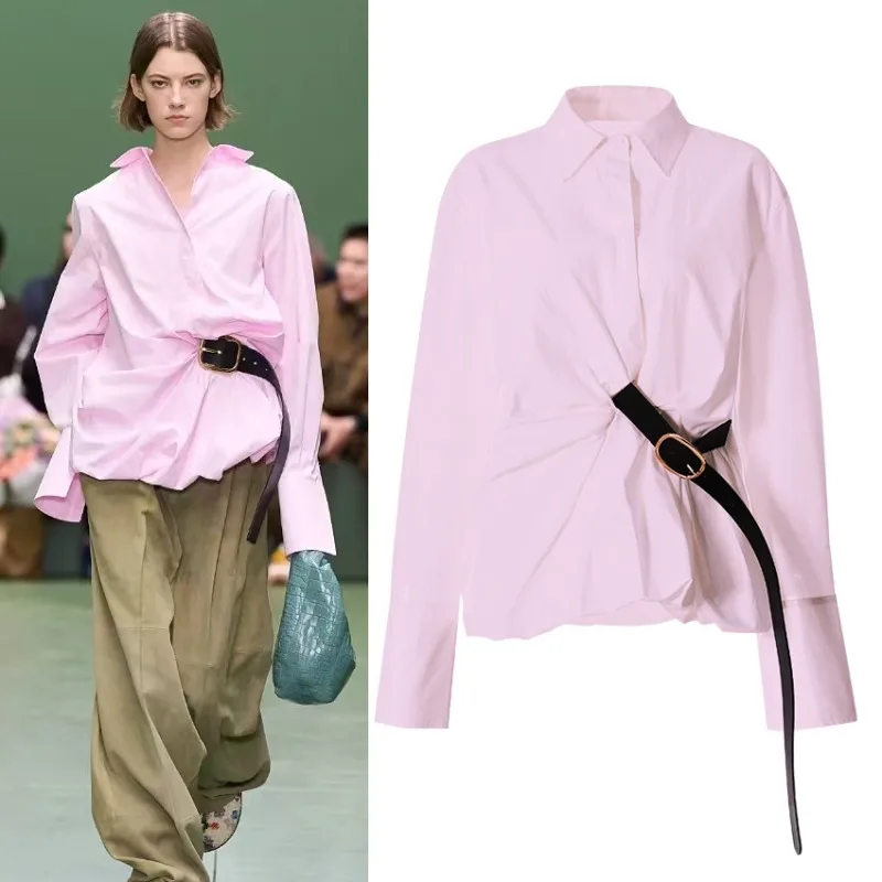 

Spring and Autumn 2026 New Pleated Waist Shirt White Casual Design Belt Fashion Temperament Commuting Midi Length Top Runway