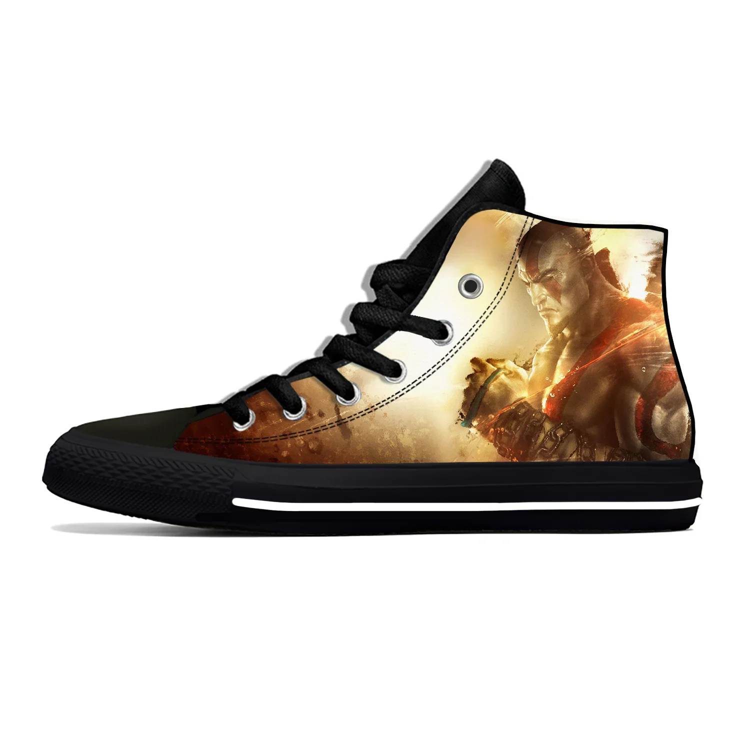 Kartun Anime God of War Kratos permainan keren kasual modis sepatu kain atasan tinggi ringan bersirkulasi 3D cetak Sneakers Pria Wanita