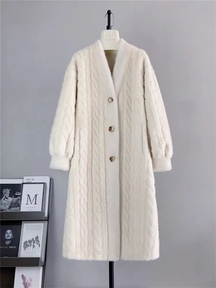 Cardigan de pele feminino engrossado long2025primavera e outono com decote em v jaqueta feminina solta simples lazer com botões casaco de pele do falso vison