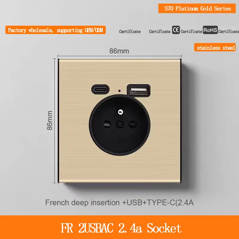 86-Style Gold Stainless Steel Brass Vintage Sliding Switch Socket Panel Eu FR With USB Type-C Fast Charging Socket for Home Use