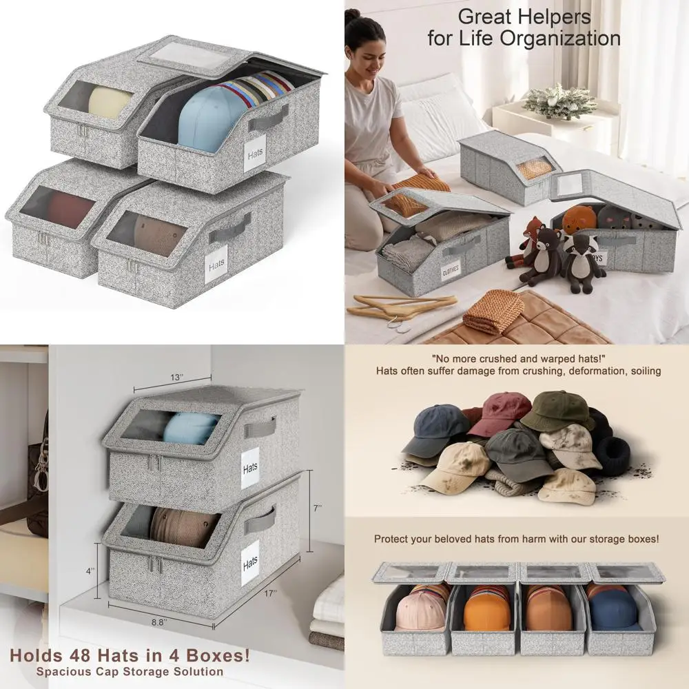 صندوق تخزين القبعة متعدد الوظائف لـ 48 قبعة بيسبول، رمادي مع نافذة شفافة وسحاب