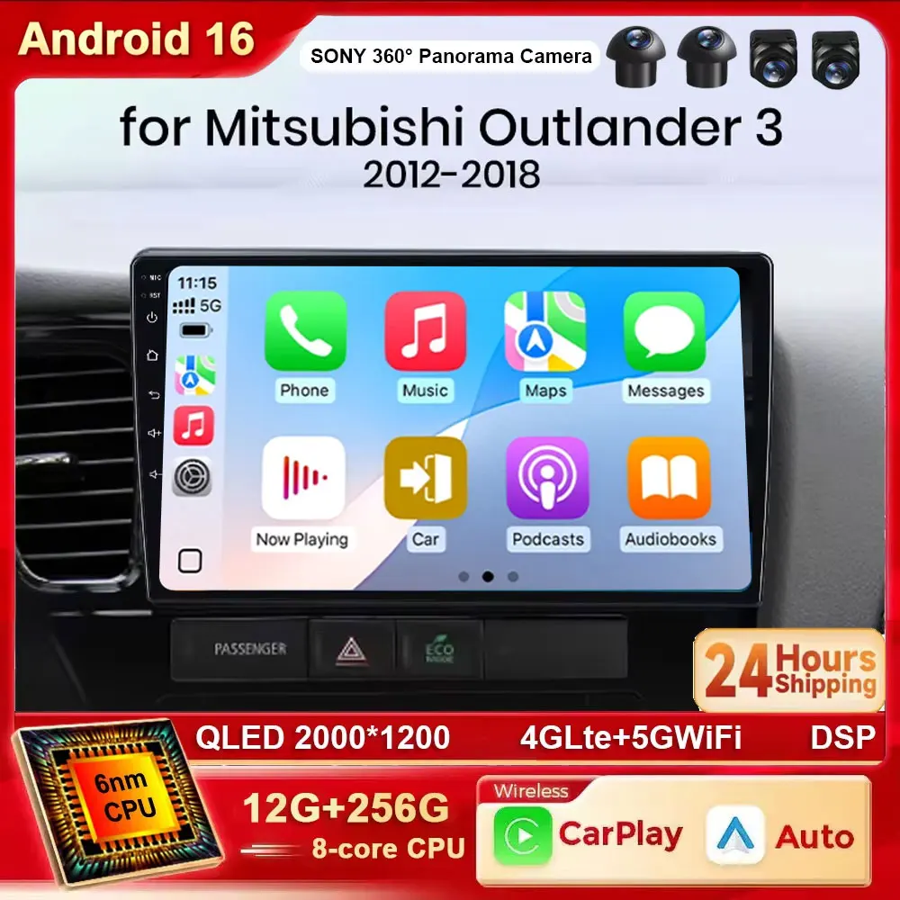 Android 16 Carplay Auto Car Radio Multimedia Player For Mitsubishi Outlander 3 2012-2018 Car Navigation Frame GPS 4G WIFI BT