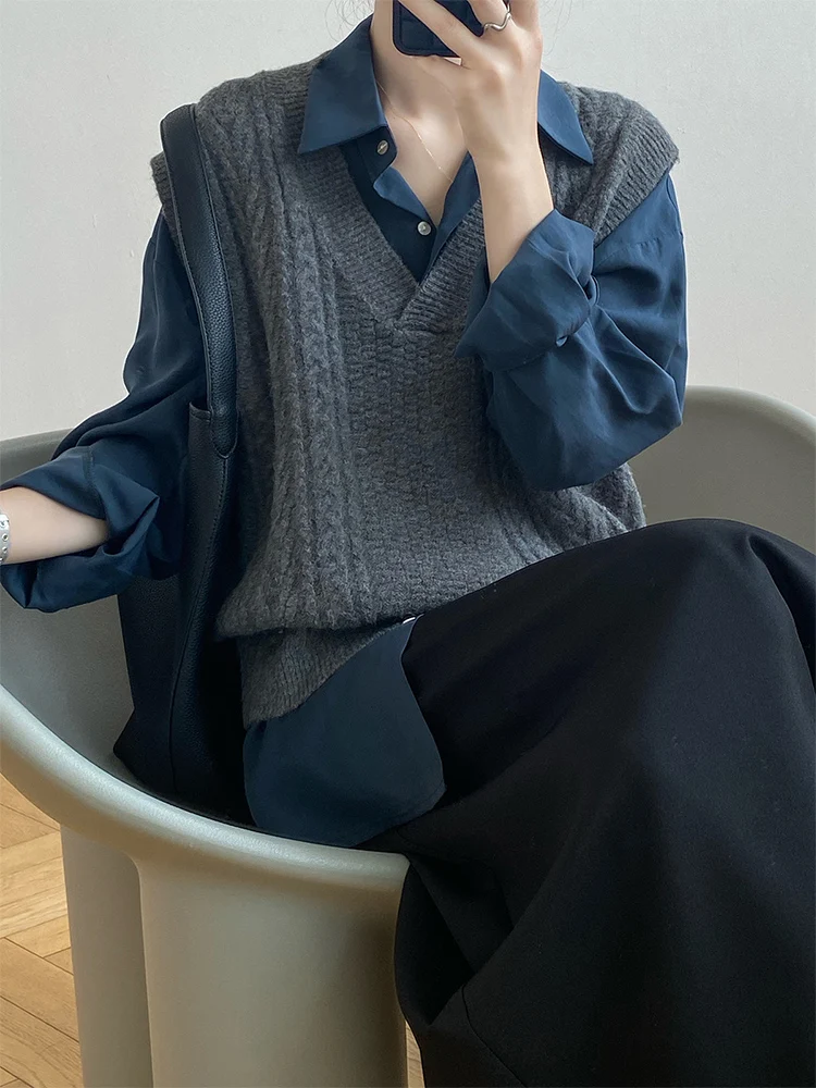 Retro Twist ey Knitted Vest Women's Sle Early Autumn Outerwear V-Ne Layered Loose Autumn Winter Sweater Vest Outerwear