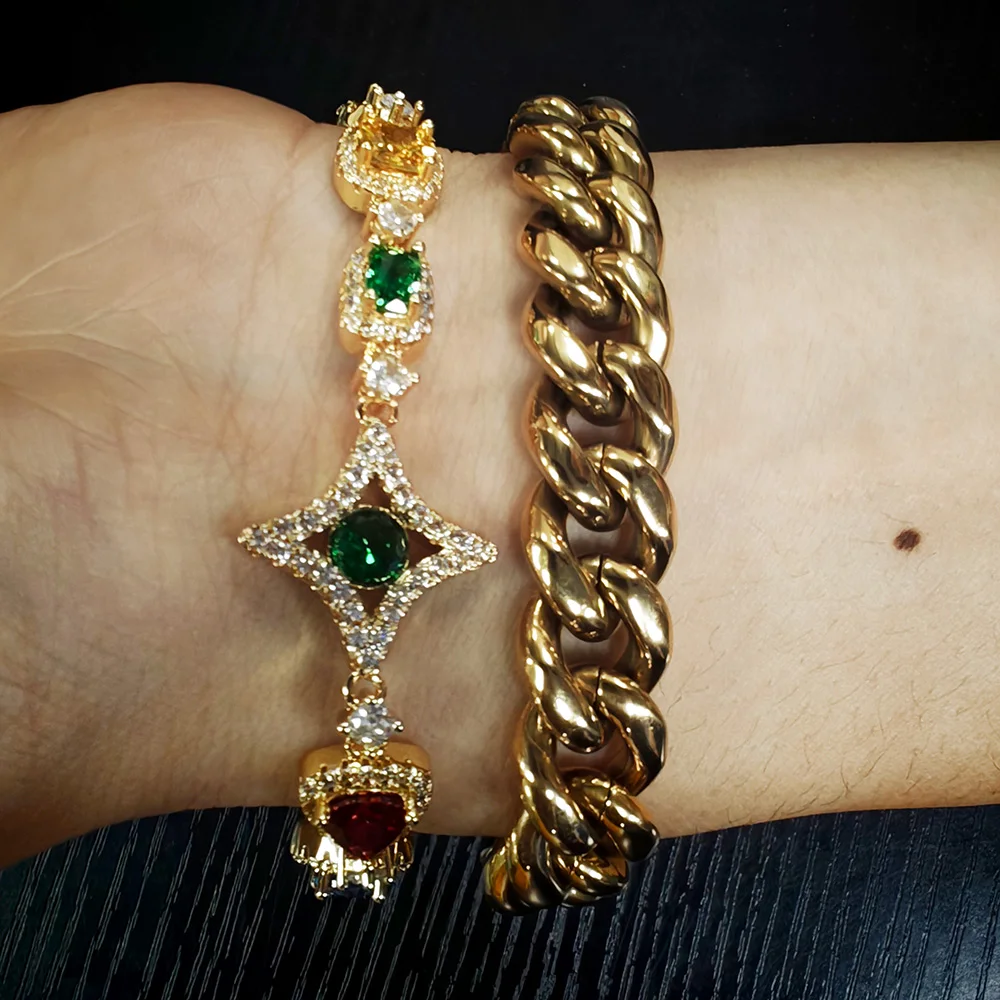 

ESKEEM Mix 12mm Cuban Chain Collocation Colorful Cubic Zirconia Gemstone Bracelet Hip Hop Jewelry Men Women Gift