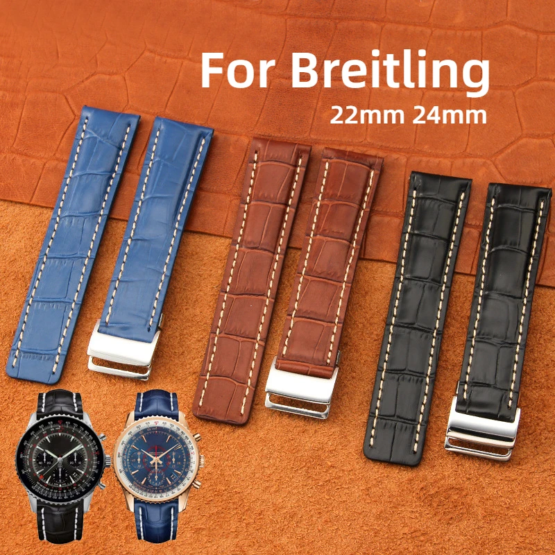 22mm 24mm Classic Genuine Leather Watch Strap for Breitling Watch Band Cowhide Avenger Navitimer World Bracelet Bamboo Pattern