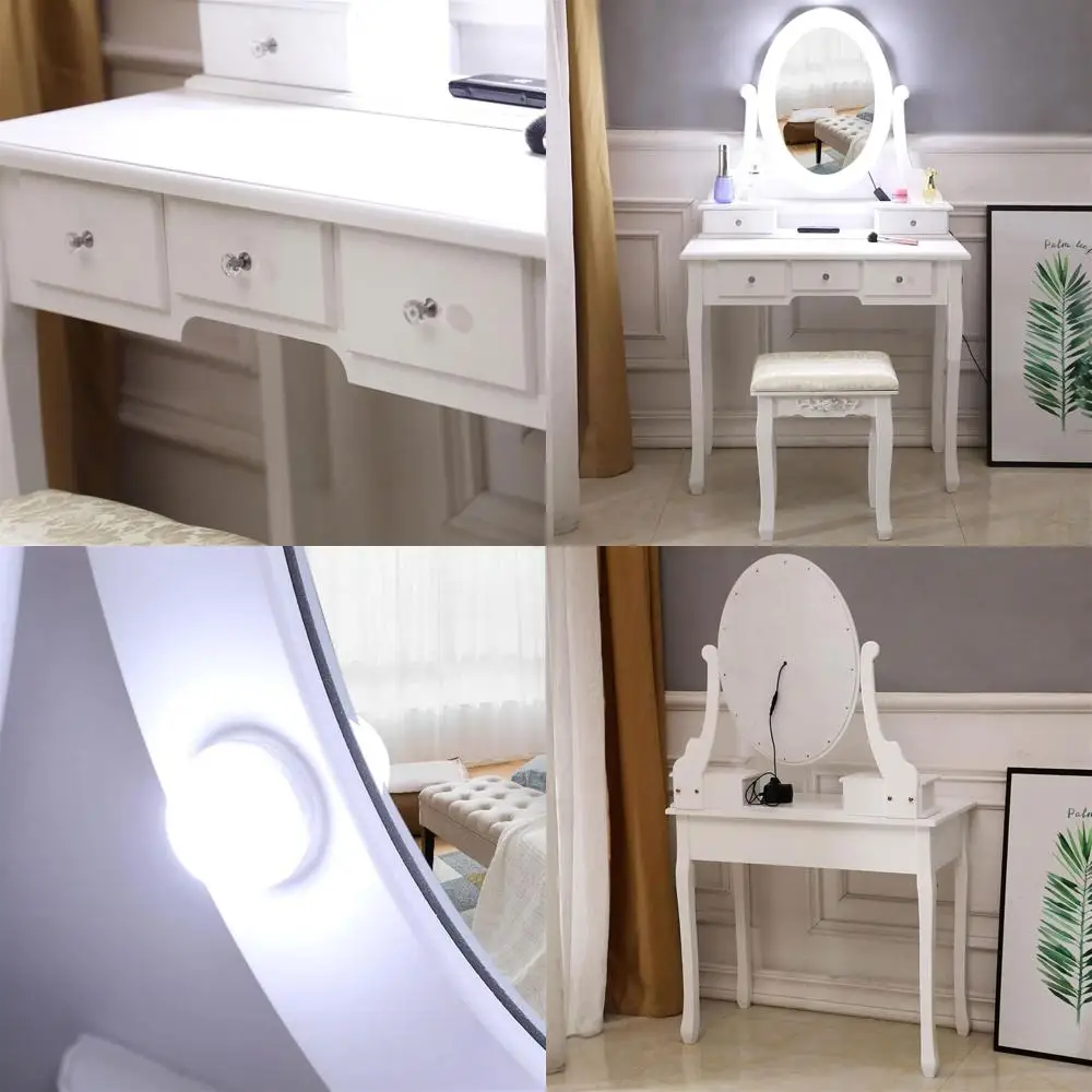

Illuminated Mirror Vanity Set with Makeup Table and Padded Stool, 5-Drawer Dressing Table for Women & Girls