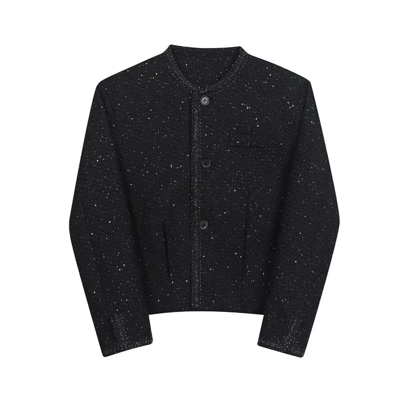 Men's Autumn Winter Luxury Shimmer Thickened Wool Jacket Collarless Stylish Blazer Coat Fashion Outerwear