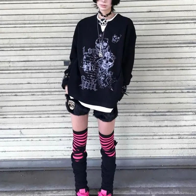 Fake Two Pieces Skulls Printed T-shirts Women's Clothing Stylish Spliced Spring Autumn Casual Round Neck American Punk Pullovers