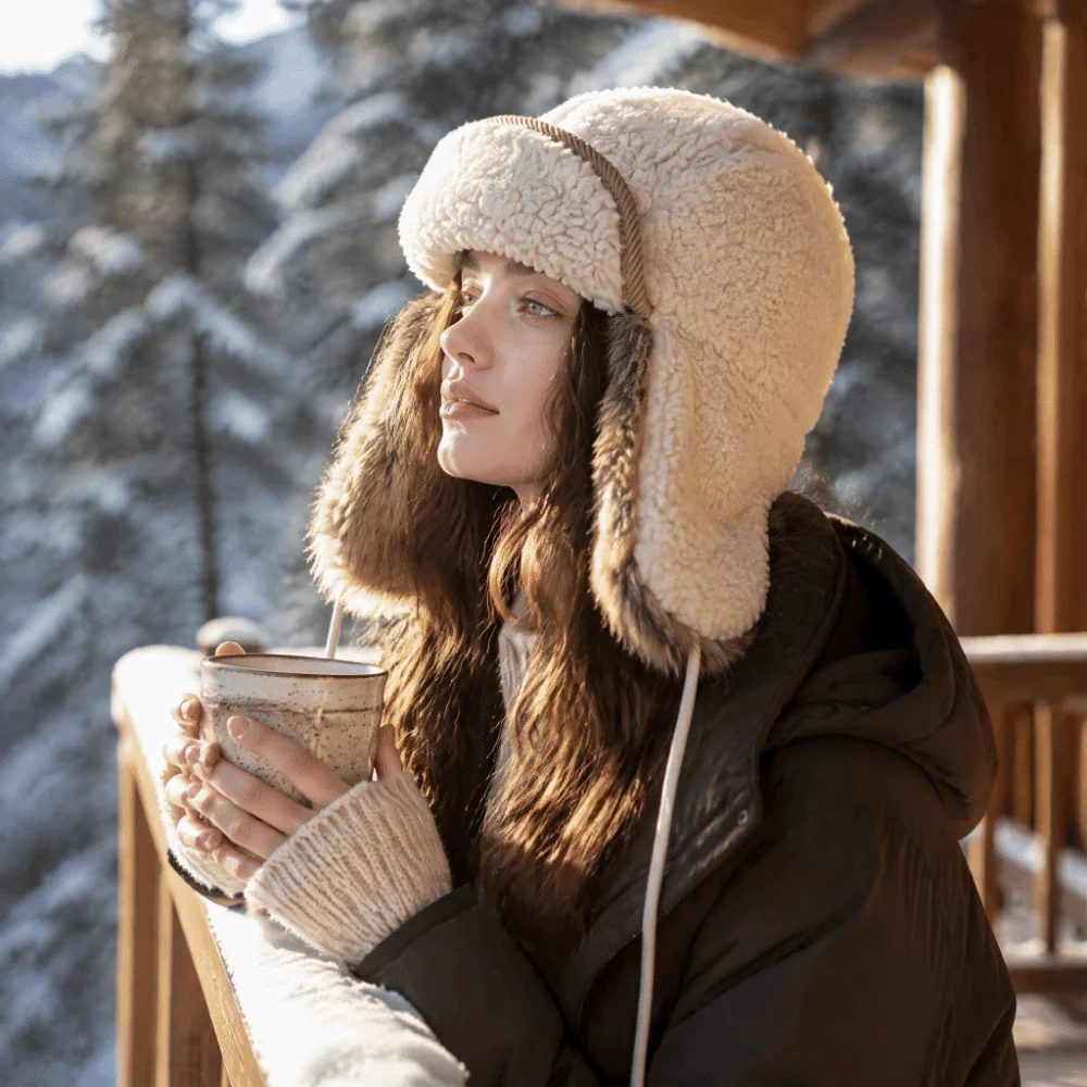 Fashion Windproof Winter Pilot Hat Ear Protection Cold Proof Warm Ski Hat Velvet Neck Protector Lamb Wool Earflap Cap Motorcycle