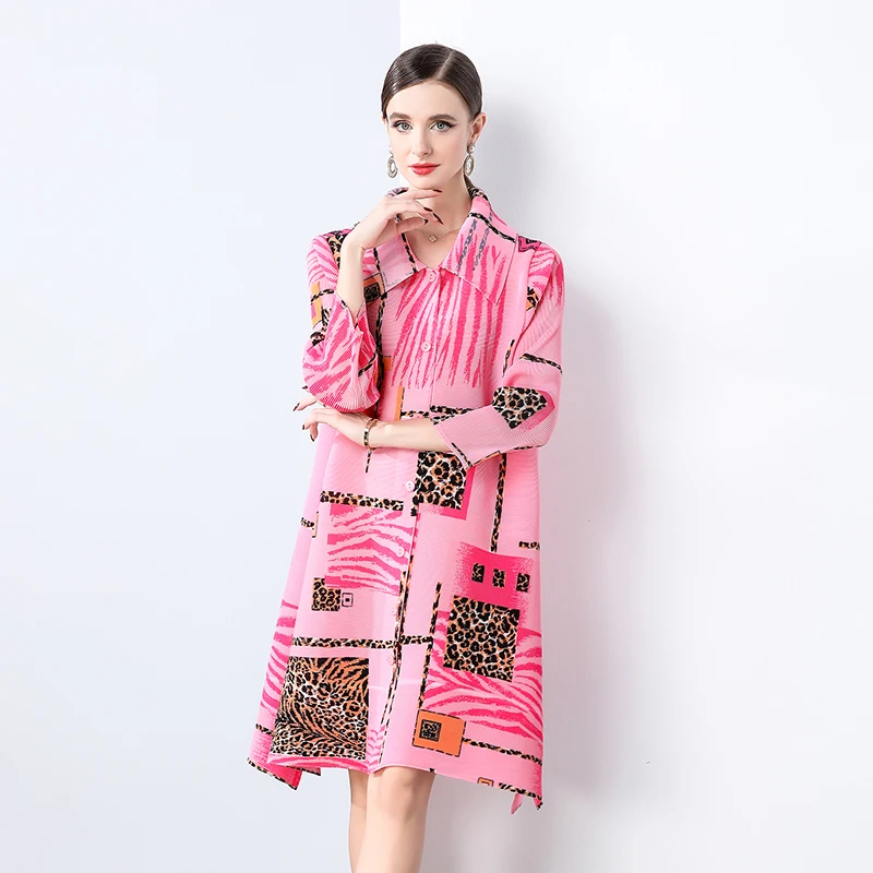 Fashion Miyake Lapel Color Blocking Cardigan Shirt Dress For Women Long Sleeve Large Size Casual A-Line Dress Female Clothing