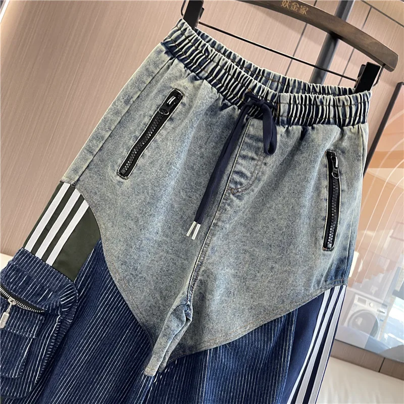 Thickened Personalized Straight Pockets Jeans for Women Elastic Waist Loose Streetwear, Drawstring Denim Cargo Pants,  Fashion