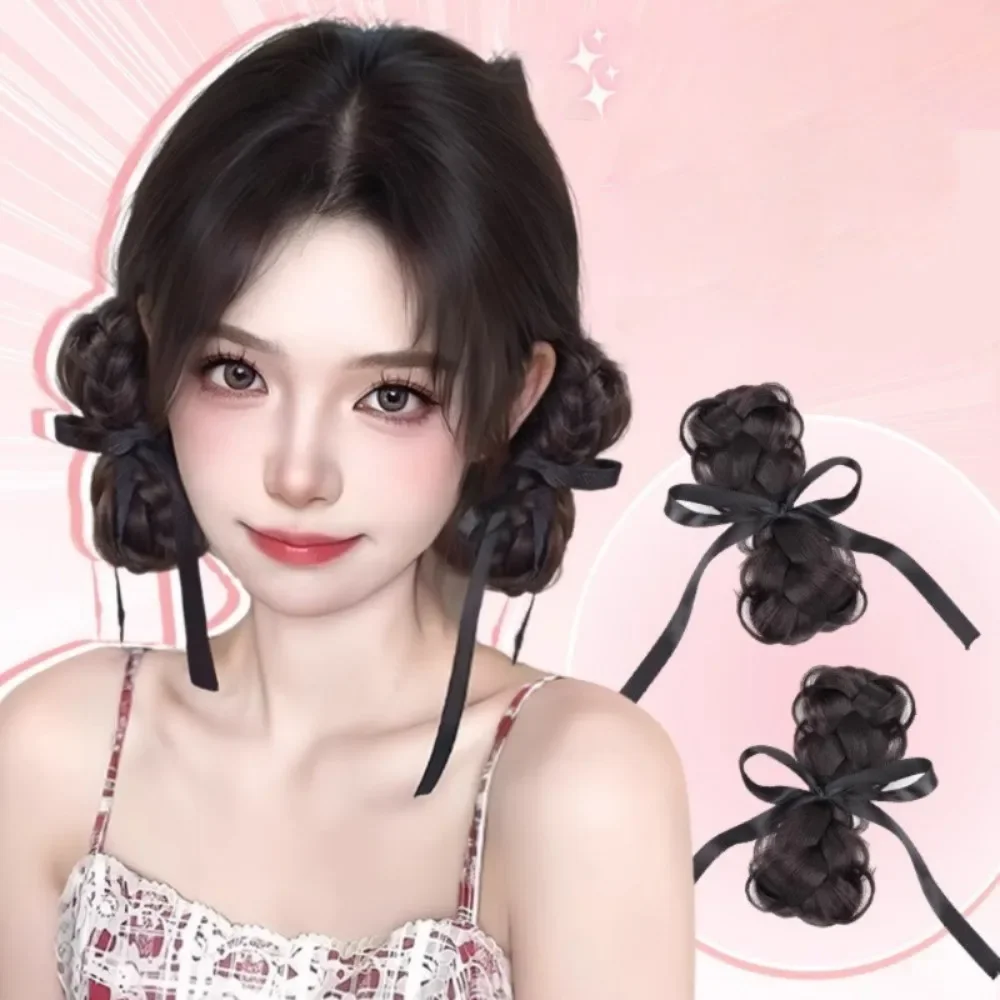 1 Pasang Wig Rambut Sanggul Sayang Pita Sanggul Sintetis Wig Sanggul Rambut Kepang Dasi Anak Perempuan