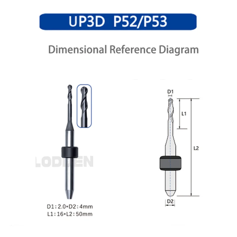 Dental Milling Burs Cutter UP3D P52/P53 PMMA NC Needle Overall Length 50mm D4 Materials Dental Lab Griding Tools 0.6/1.0/2.0mm