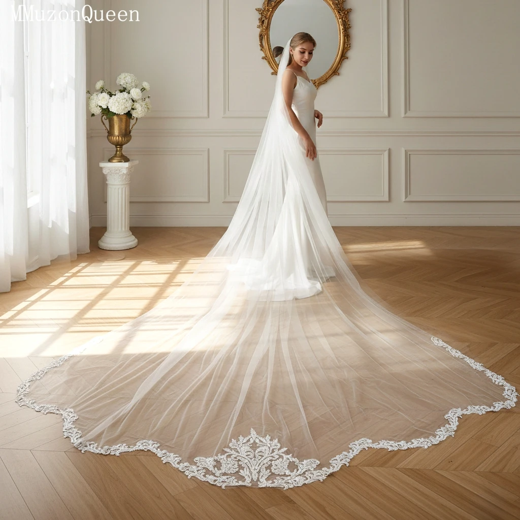 Topqueen sonhador véus de noiva comprimento catedral véu de casamento longo vieira renda guarnição edge1 camada mantilla española véu casamento v75