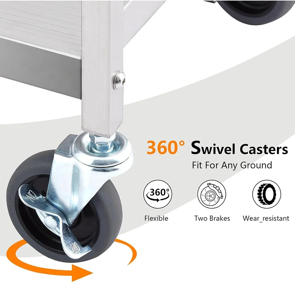 3-Tier Folding Utility Cart,Stainless Steel Kitchen Cart, 300 LB Capacity Storage Tool Tiers, Small Metal Push Cart