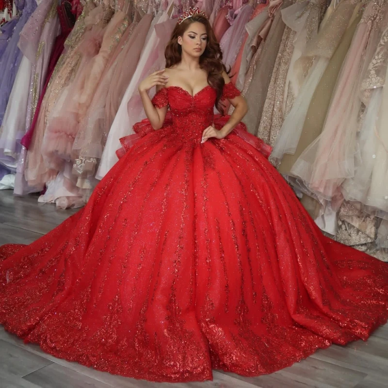 

Red Shiny Princess Off the Shoulder Sweet 16 Dress Quinceanera Dresses Sequin Applique Lace Beading Bow Tull Party Birthday Vest