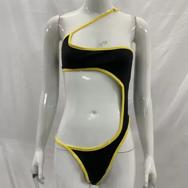 

Sexy Spicy Girl Contrasting Color Irregular Hollow Out Backless Slim Fit Bodysuit European American Fashion INS Women's Clothing