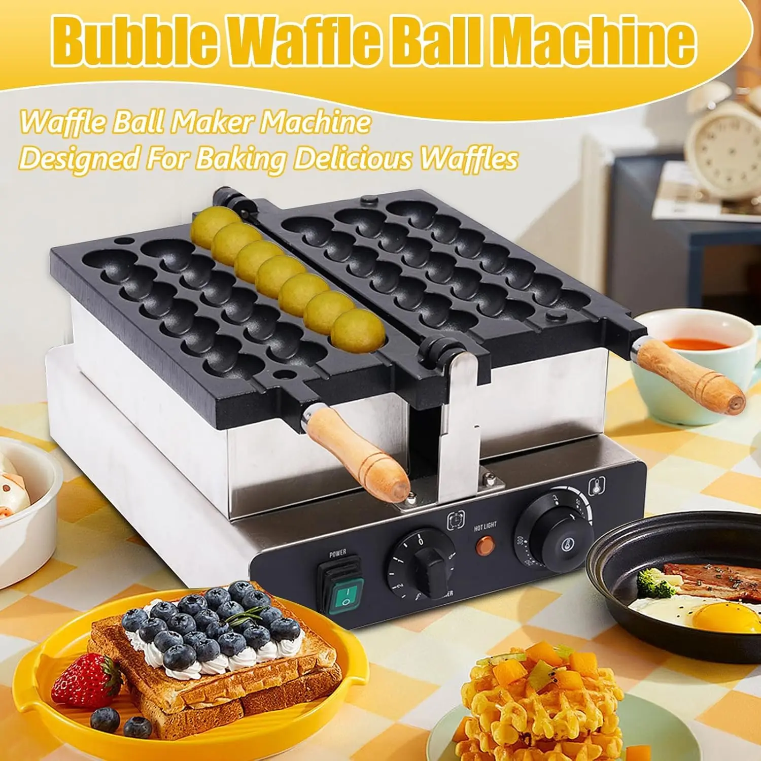 42 قطعة صانع كرات الوافل التجارية، 1600 واط غير لاصق الكهربائية فقاعة سيخ آلة كرة الوافل الفولاذ المقاوم للصدأ الدورية الهراء أماه