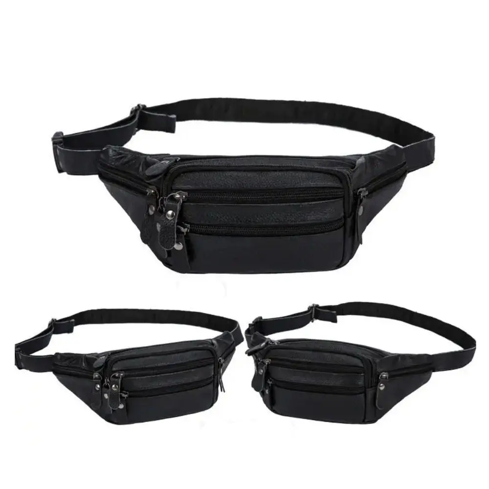 Zipper PU Leather Men's Waist Bag Multi-layered Large Capacity Travel Phone Bag Waterproof Zipper Waist Purse Pack