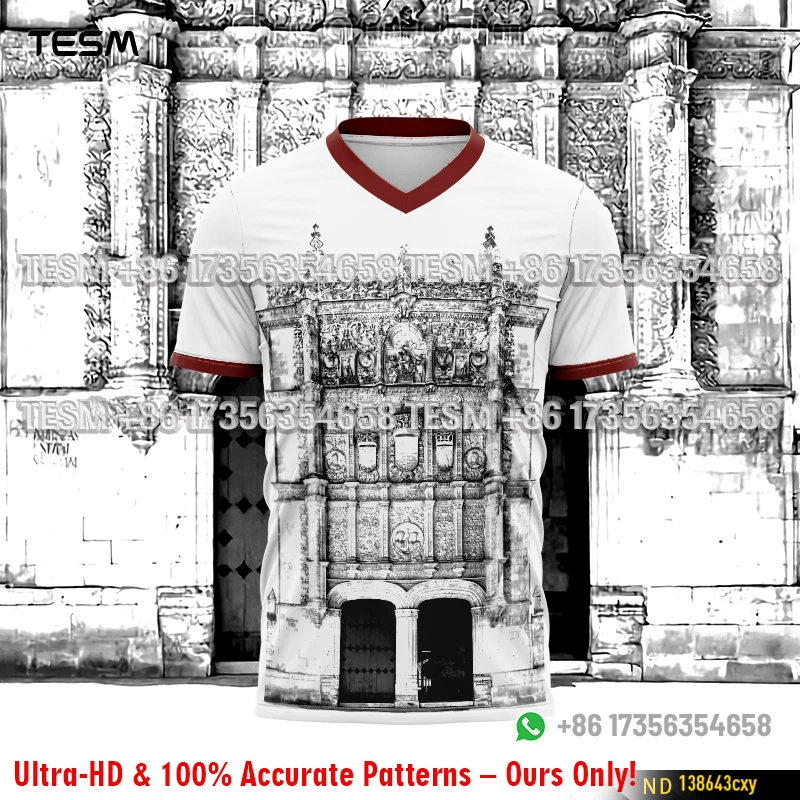 TESM Kids Soccer Jersey Vintage Architecture Print Football Shirt White Burgundy V Neck Sports T-shirt Men Training MatchT