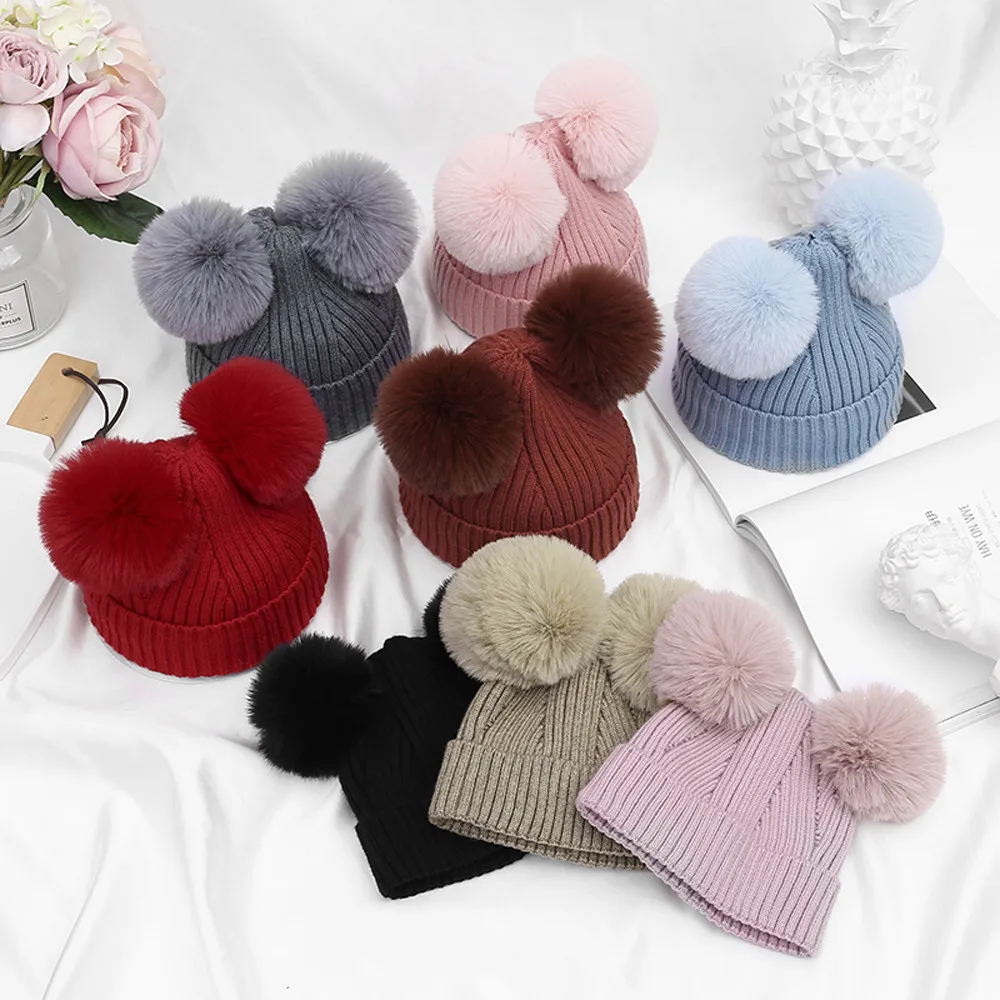 Faux Fur Pompom Baby Hat Solid Color Knitting Autumn Winter Newborn Infant Beanie Cap Toddler Warm Crochet Girls Boys Hats