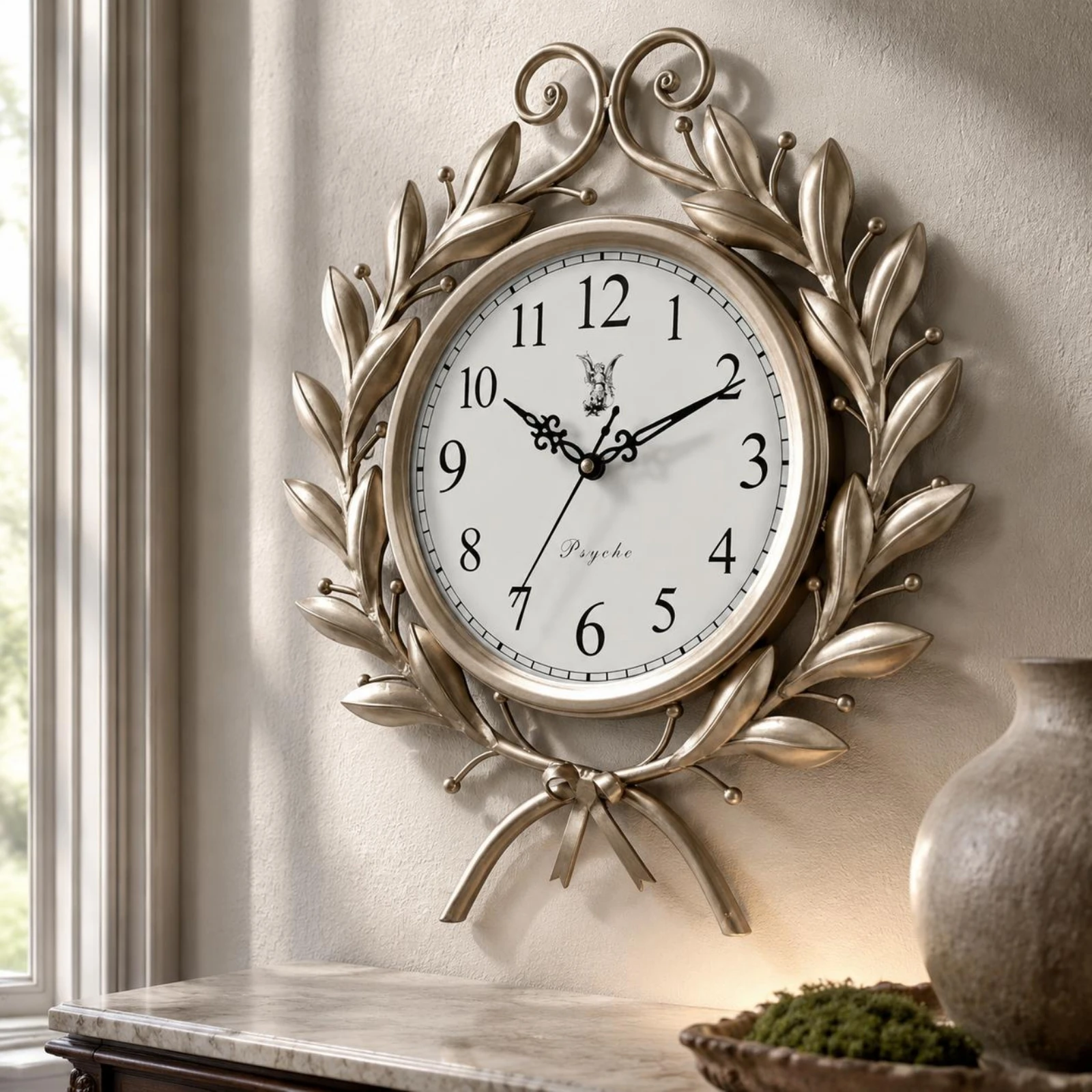 Silent Operation Quartz Wall Quartz Timepiece Leafy Wreath Ornate Wall Quartz Timepiece Time Display Non-Ticking Room Decor