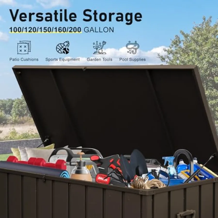 160 Gallon Deck Box Outdoor Storage Box, Metal Storage Cabinet Waterproof Lockable Container for Patio Furniture Cushions Tools view 4